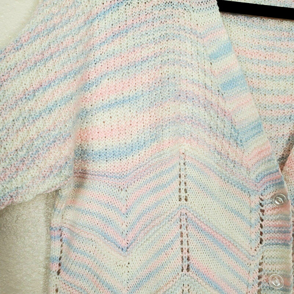 Vintage Handmade Sz L Pastel Knit Button Up Short Sleeve Grannycore Cardigan - Picture 3 of 6